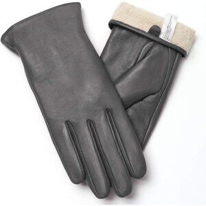 Women's Grey Touch Screen Warm Winter Driving Hull-Hand Leather Gloves